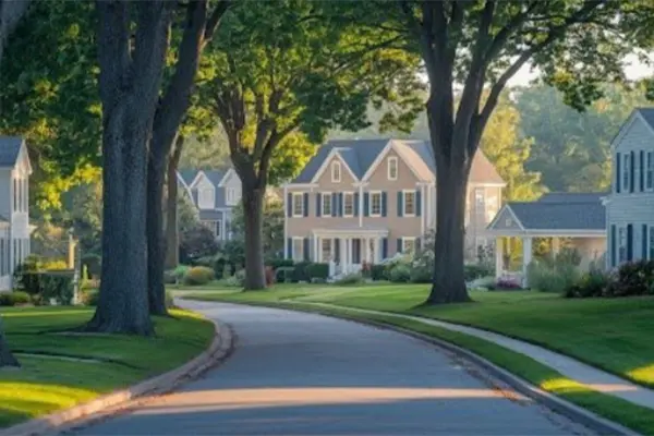 Luxury residential neighborhood in Greenwich, Connecticut, featuring elegant homes, tree-lined streets, landscaped gardens, and scenic surroundings.